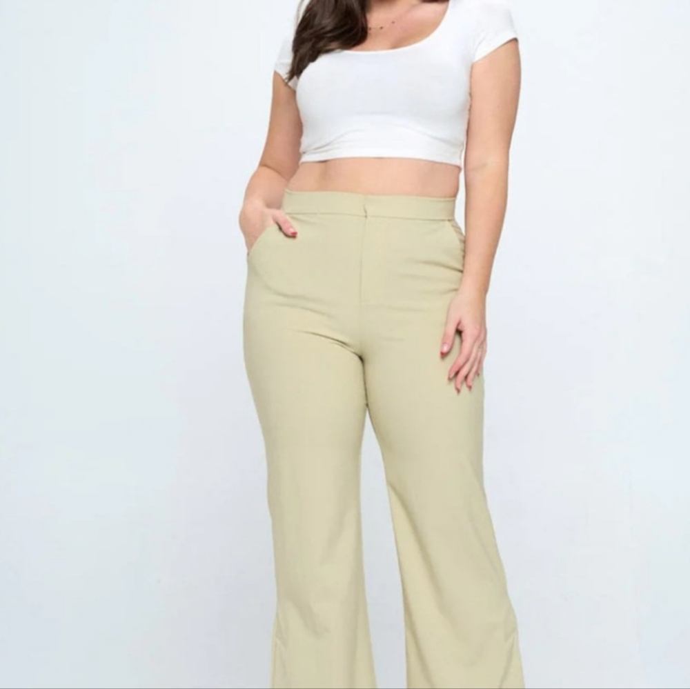 F122 NWT Plus Size Button Closure Pocket Wide Leg Pants FindMe Plus Slit Hem
